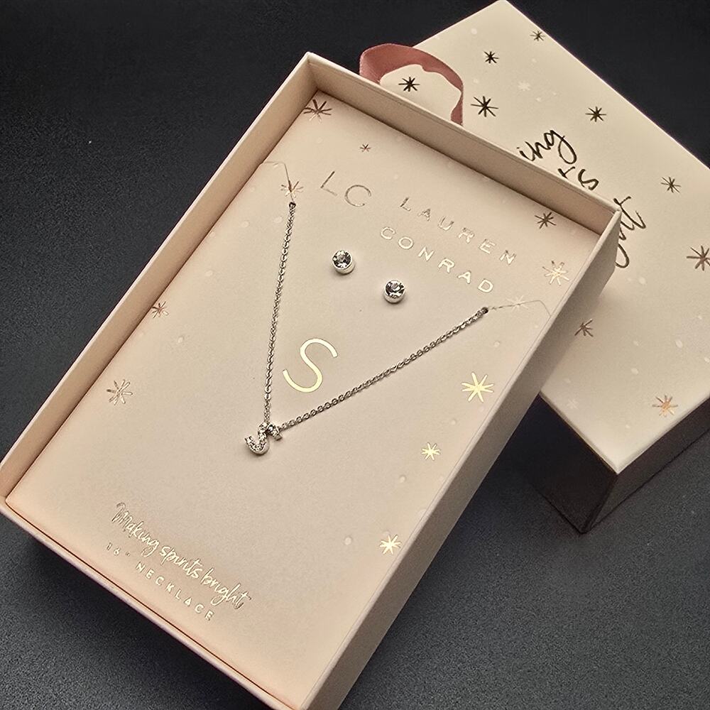 Lauren Conrad LC Letter S Necklace Silver Tone Rhinestone Gift Box NIB